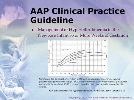 AAP Clinical Practice Guideline AAP Subcommittee on Hyperbilirubinemia. Pediatrics. 2004;114:297–316 Copyright © 2003, Rev 2005 American Academy of Pediatrics.