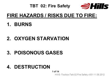 FIRE HAZARDS / RISKS DUE TO FIRE: BURNS OXYGEN STARVATION