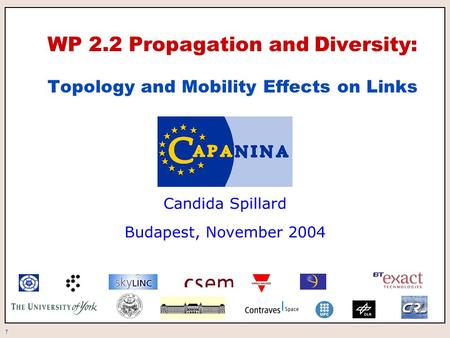 1 WP 2.2 Propagation and Diversity: Topology and Mobility Effects on Links Candida Spillard Budapest, November 2004.