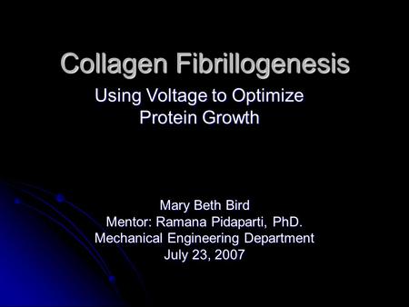 Collagen Fibrillogenesis Mary Beth Bird Mentor: Ramana Pidaparti, PhD. Mechanical Engineering Department July 23, 2007 Using Voltage to Optimize Protein.