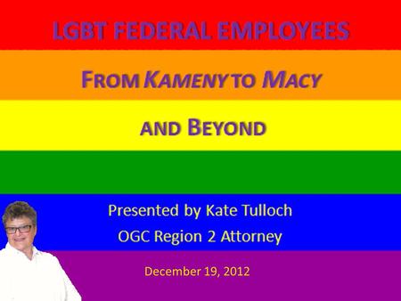 December 19, 2012. AGENDA LGBT Cultural Competency Historical Overview Title VII cases Beyond Macy DOMA vs. ENDA.