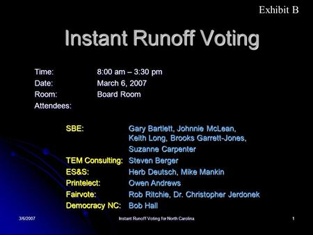 3/6/2007 Instant Runoff Voting for North Carolina 1 Instant Runoff Voting Time: 8:00 am – 3:30 pm Date:March 6, 2007 Room:Board Room Attendees: SBE: Gary.