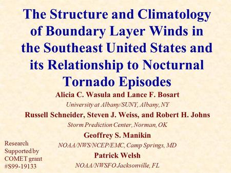 The Structure and Climatology of Boundary Layer Winds in the Southeast United States and its Relationship to Nocturnal Tornado Episodes Alicia C. Wasula.