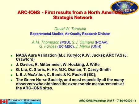 ARC-IONS Workshop, U of T – 7-8/01/2009 - 1 ARC-IONS - First results from a North American Strategic Network David W. Tarasick Experimental Studies, Air.