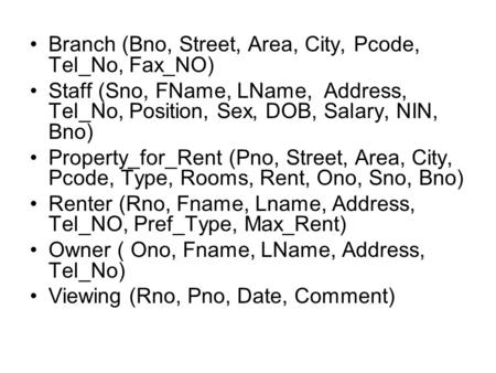 Branch (Bno, Street, Area, City, Pcode, Tel_No, Fax_NO) Staff (Sno, FName, LName, Address, Tel_No, Position, Sex, DOB, Salary, NIN, Bno) Property_for_Rent.