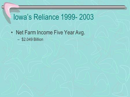 Iowa’s Reliance 1999- 2003 Net Farm Income Five Year Avg. –$2.049 Billion.