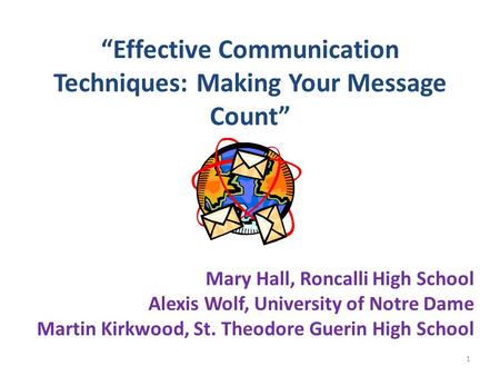 “Effective Communication Techniques: Making Your Message Count” Mary Hall, Roncalli High School Alexis Wolf, University of Notre Dame Martin Kirkwood,