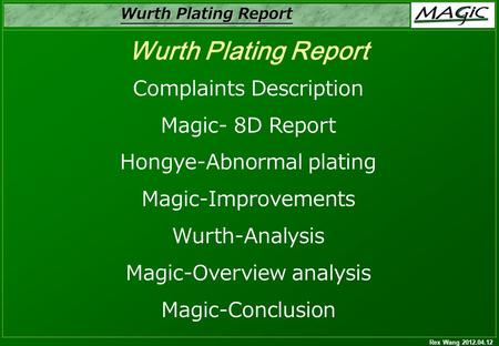 Rex Wang 2012.04.12 Wurth Plating Report Complaints Description Magic- 8D Report Hongye-Abnormal plating Magic-Improvements Wurth-Analysis Magic-Overview.