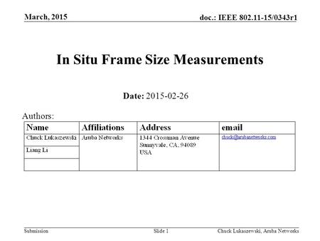 Submission doc.: IEEE 802.11-15/0343r1 In Situ Frame Size Measurements March, 2015 Chuck Lukaszewski, Aruba NetworksSlide 1 Date: 2015-02-26 Authors: