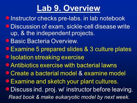 Lab 9. Overview  Instructor checks pre-labs. in lab notebook  Discussion of exam, sickle-cell disease write up, & the independent projects.  Basic Bacteria.