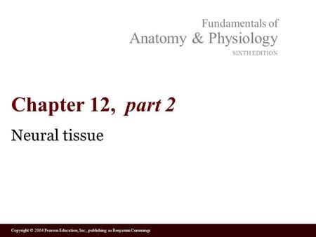 Copyright © 2004 Pearson Education, Inc., publishing as Benjamin Cummings Fundamentals of Anatomy & Physiology SIXTH EDITION Chapter 12, part 2 Neural.