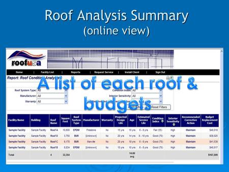 Roof Analysis Summary (online view). Roof Drawing (online view with priority color & penetrations)