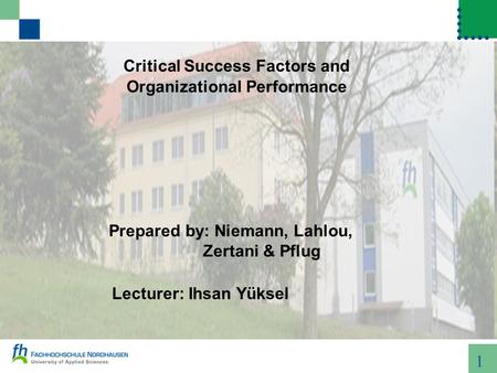 1 Critical Success Factors and Organizational Performance Prepared by: Niemann, Lahlou, Zertani & Pflug Lecturer: Ihsan Yüksel.