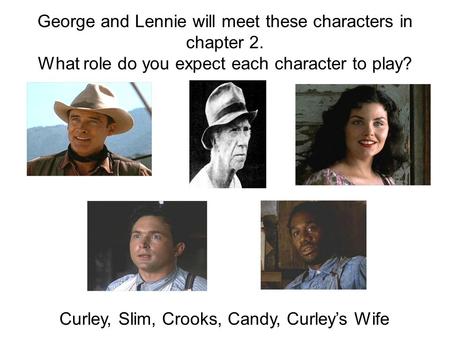 George and Lennie will meet these characters in chapter 2. What role do you expect each character to play? Curley, Slim, Crooks, Candy, Curley’s Wife.