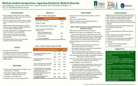 RESULTSBACKGROUND Role of Electronic Medical Records in medical student education not clear; their use may help or hinder the educational process There.