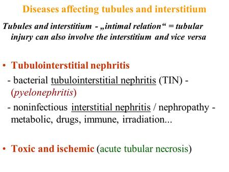 Diseases affecting tubules and interstitium Tubules and interstitium - „intimal relation“ = tubular injury can also involve the interstitium and vice versa.