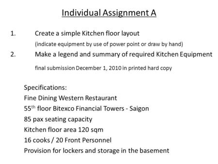 Individual Assignment A 1.Create a simple Kitchen floor layout (indicate equipment by use of power point or draw by hand) 2. Make a legend and summary.