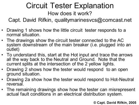 Circuit Tester Explanation How does it work? Capt. David Rifkin, Drawing 1 shows how the little circuit tester responds to.