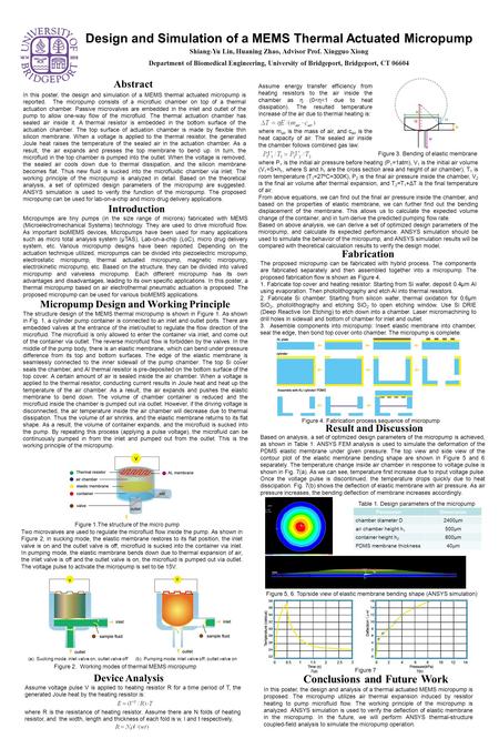 Figure 7 Design and Simulation of a MEMS Thermal Actuated Micropump Shiang-Yu Lin, Huaning Zhao, Advisor Prof. Xingguo Xiong Department of Biomedical Engineering,