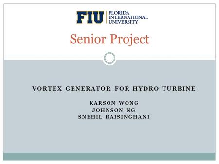 VORTEX GENERATOR FOR HYDRO TURBINE KARSON WONG JOHNSON NG SNEHIL RAISINGHANI Senior Project.