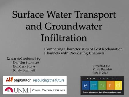 Surface Water Transport and Groundwater Infiltration Comparing Characteristics of Post Reclamation Channels with Preexisting Channels Presented by: Kirsty.