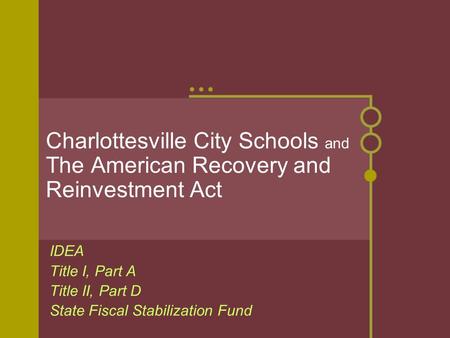 Charlottesville City Schools and The American Recovery and Reinvestment Act IDEA Title I, Part A Title II, Part D State Fiscal Stabilization Fund.
