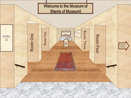 Museum Entrance Room One Room Two Room Four Room Three Welcome to the Museum of [Name of Museum] Curator ’ s Offices Room Five Artifact 22 Artifact 23.