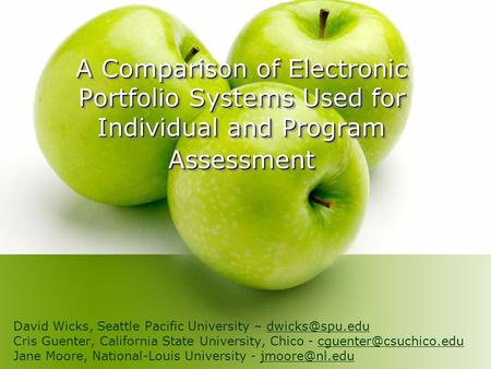 A Comparison of Electronic Portfolio Systems Used for Individual and Program Assessment David Wicks, Seattle Pacific University –