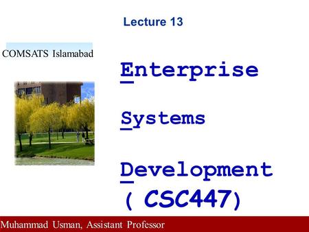 Lecture 13 Enterprise Systems Development ( CSC447 ) COMSATS Islamabad Muhammad Usman, Assistant Professor.