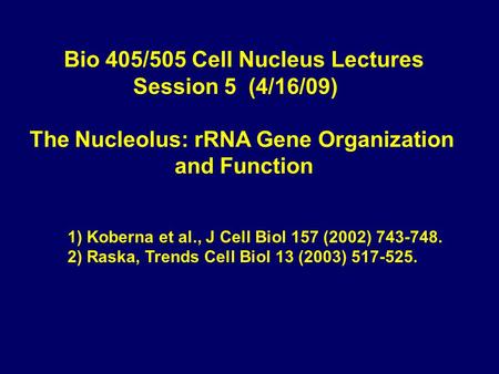 Bio 405/505 Cell Nucleus Lectures Session 5 (4/16/09) The Nucleolus: rRNA Gene Organization and Function 1) Koberna et al., J Cell Biol 157 (2002) 743-748.
