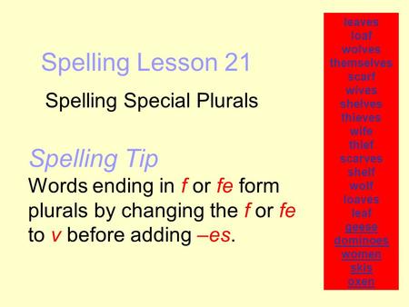 Spelling Lesson 21 Spelling Special Plurals leaves loaf wolves themselves scarf wives shelves thieves wife thief scarves shelf wolf loaves leaf geese dominoes.