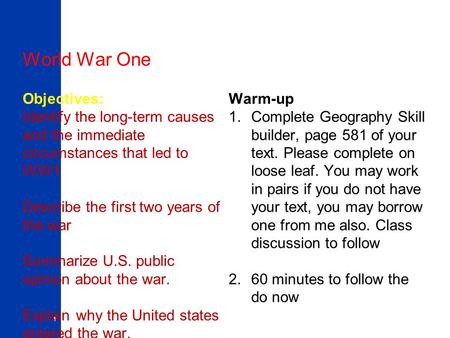World War One Objectives: Warm-up