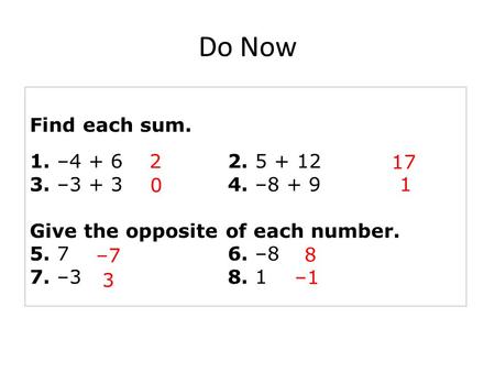 Find each sum. 1. –4 + 62. 5 + 12 3. –3 + 34. –8 + 9 Give the opposite of each number. 5. 76. –8 7. –38. 1 2 17 0 1 –7 8 3 –1 Do Now.