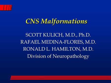 CNS Malformations SCOTT KULICH, M.D., Ph.D. RAFAEL MEDINA-FLORES, M.D. RONALD L. HAMILTON, M.D. Division of Neuropathology.