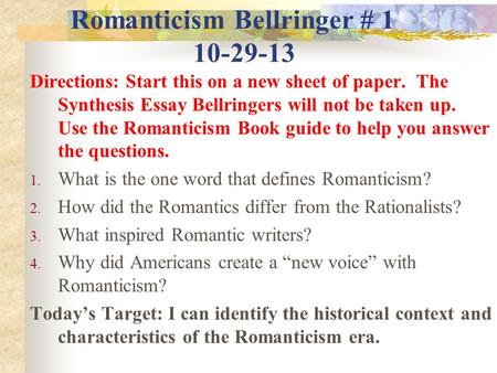 Romanticism Bellringer #