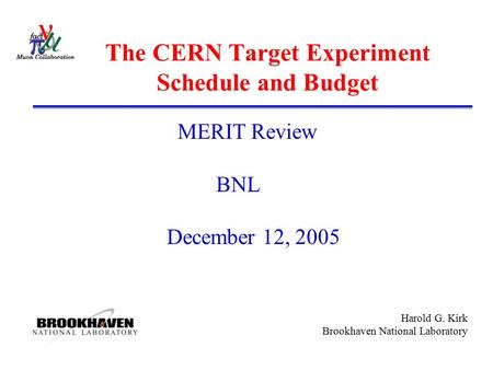 Harold G. Kirk Brookhaven National Laboratory The CERN Target Experiment Schedule and Budget MERIT Review BNL December 12, 2005.