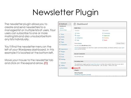 Newsletter Plugin The newsletter plugin allows you to create and send newsletters to a managed list or multiple lists of users. Your users can subscribe.