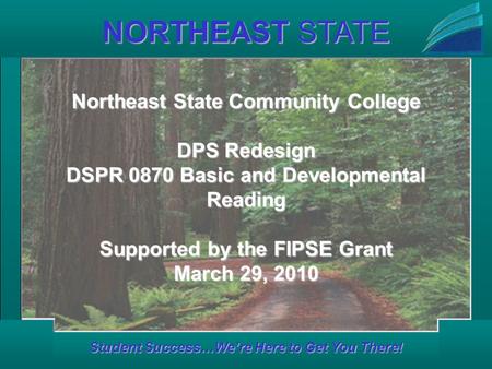 NORTHEAST STATE Student Success…We’re Here to Get You There! Northeast State Community College DPS Redesign DSPR 0870 Basic and Developmental Reading Supported.