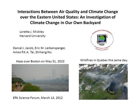 Interactions Between Air Quality and Climate Change over the Eastern United States: An Investigation of Climate Change in Our Own Backyard Loretta J. Mickley.