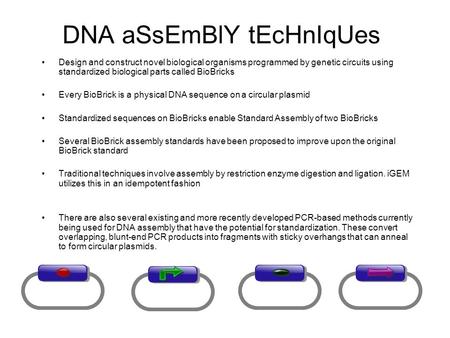 DNA aSsEmBlY tEcHnIqUes Design and construct novel biological organisms programmed by genetic circuits using standardized biological parts called BioBricks.