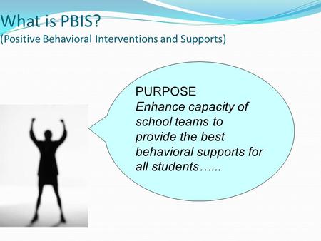 PURPOSE Enhance capacity of school teams to provide the best behavioral supports for all students…... What is PBIS? (Positive Behavioral Interventions.
