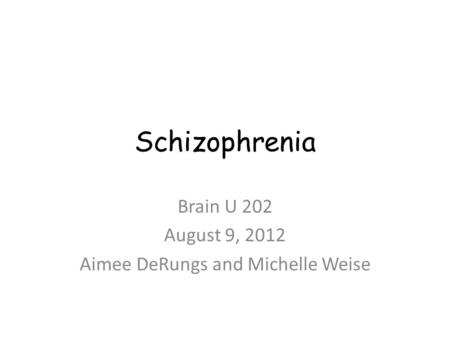 Schizophrenia Brain U 202 August 9, 2012 Aimee DeRungs and Michelle Weise.