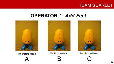 TEAM SCARLET OPERATOR 1: Add Feet Mr. Potato Head A Mr. Potato Head C Mr. Potato Head B.