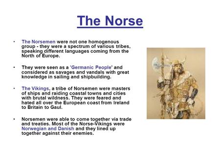 The Norse The Norsemen were not one homogenous group - they were a spectrum of various tribes, speaking different languages coming from the North of Europe.