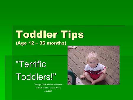 Toddler Tips (Age 12 – 36 months) “TerrificToddlers!” Georgia CTAE Resource Network Instructional Resources Office July 2009.
