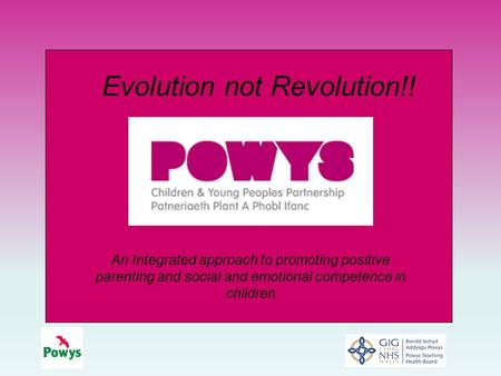 An Integrated approach to promoting positive parenting and social and emotional competence in children Evolution not Revolution!!