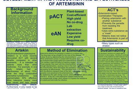 DEVELOPMENT IN THE PRODUCTION AND EFFECTIVENESS OF ARTEMISININ Background Information Currently, there is an epidemic of malaria in third world countries,