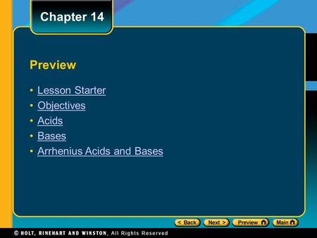 Chapter 14 Preview Lesson Starter Objectives Acids Bases