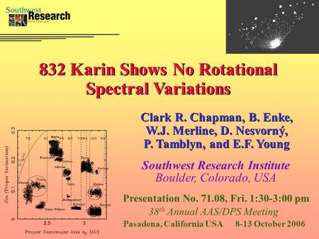 832 Karin Shows No Rotational Spectral Variations Clark R. Chapman, B. Enke, W.J. Merline, D. Nesvorný, P. Tamblyn, and E.F. Young Southwest Research Institute.