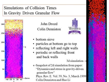 John Drozd Colin Denniston Simulations of Collision Times In Gravity Driven Granular Flow bottom sieve particles at bottom go to top reflecting left and.
